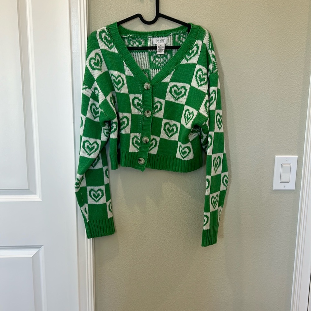 Just Polly New York Green + white heart checkerboard cropped cardigan (juniors)